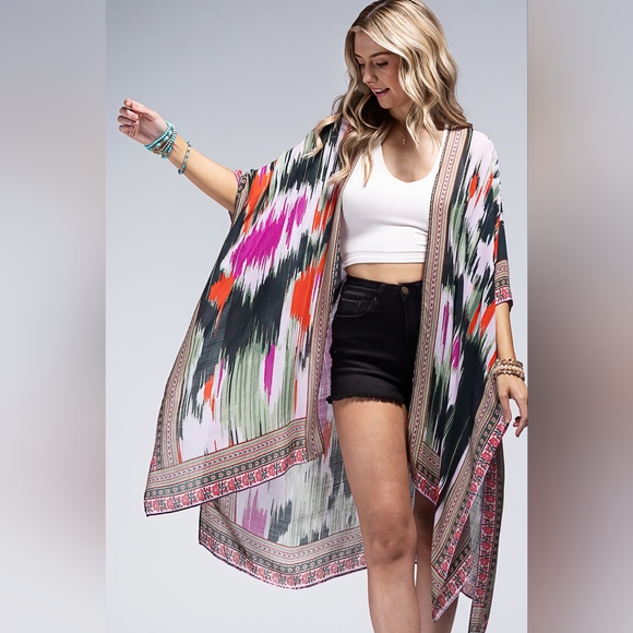 Artistic Vibrant Ethnic Print Kimono - Detailed Border - Lightweight & Silky - Picture 5 of 5